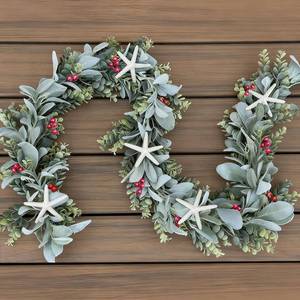 lot 16851 image: 6 Feet Natural Starfish Christmas Garland for Mantle Sea Star Fish Artificial Garland with Lambs Ear Leaves Pinecone Red Berries for Home Kitchen Cabinet Christmas Tree Farmhouse Porch Fireplace - Retail $24,294