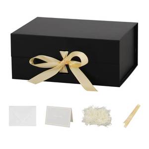 lot 16853 image: 5 Pack 9.5X7X4 Inch Black Magnetic Gift Box with Lid Small Gift Box with Shredded Paper Foldable Boxes with Ribbon for Presents��Anniversary Gifts��Bridesmaid Proposal ��Wedding party - Retail $36