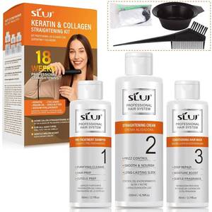 lot 16867 image: SLUJ Brazilian Keratin Treatment Kit at Home, Hair Straightening with Keratin, Collagen & Hyaluronic Acid, Up to 18 Weeks Frizz Control for Curly, Wavy, Frizzy Hair- Straightening Kit - Retail $14