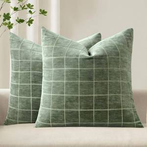 lot 16877 image: MIULEE Decorative Chenille Check Throw Pillow Covers Vintage Plaid Couch Pillows 20x20 Inch Set of 2 Neutral Boho Farmhouse Cushion Covers Modern Spring Home Decor for Sofa Bed Living Room Sage - Retail $18