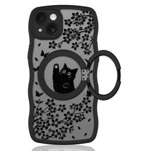 lot 16879 image: Heaofei Wavy Case for iPhone 14 Plus Case with Stand Compatible with MagSafe Cute Black Cat & Floral & Butterflies Pattern Design, Kawaii 360 Magnetic Ring Kickstand Phone Cover for Women Girls - Retail $24