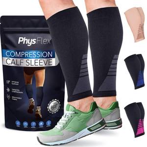 lot 16893 image: Calf Compression Sleeves for Men and Women - (1 Pair) Footless Compression Socks Support for Varicose Veins, Nursing, Pregnancy, Running - PhysFlex Leg Sleeve Brace for Shin Splints, Pain Relief and Reduces Swelling (Black, Medium) - Retail $10