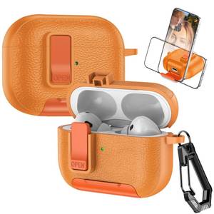 lot 16916 image: Fofvccv for AirPods Pro 2nd  1st Lock Clip Leather Case with Carabiner, Support Wireless Charge with Stand Rugged Protection Cover for AirPods Pro 2, PWJ Orange - Retail $10