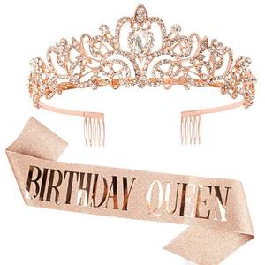 lot 16918 image: COCIDE Rose Gold Birthday Sash & Birthday Tiara Set - Crowns and Tiaras for Women Decorations Kit Rhinestone Queen Headband for Girl Glitter Crystal Hair Accessories for Party Cake Topper Favors Gift - Retail $10