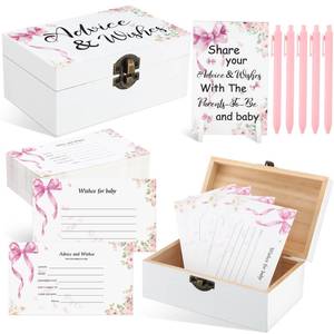 lot 16929 image: Geelin 100 Pcs Pink Bow Baby Shower Advice and Wishes Card Box with 1 Wood Sign 5 Pens 100 Pink Bow Double Side Cards for Baby Shower Games Supplies Guest Invitations Gifts New Parents - Retail $19