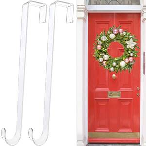 lot 16944 image: Clear Wreath Hanger Hooks, 15 in, 2 Pack Non Scratch Over The Door Hooks, Fall Halloween Christmas Decorations Indoor Outdoor, Welcome Sign for Front Door Decor - Retail $7