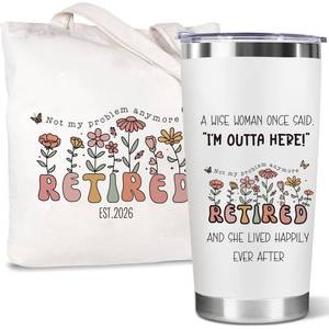 lot 16947 image: Retirement Gift for Woman 2026 �� Best Retirement Present with Humorous Happy Retired Quotes for Teacher, Mom, Nurse, Doctor, Coworker, Boss Lady �� Funny Retiring Coffee Tumbler & Tote Bag Set - Retail $20