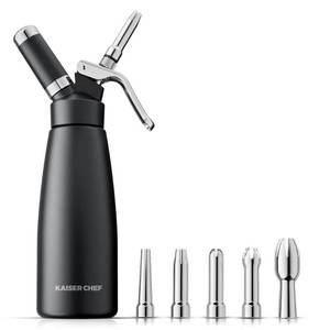 lot 16981 image: Professional Aluminum Whipped Cream Dispenser - 500 mL1 Pint,Whipped Cream Maker Canister with 5 Decorating Nozzles & Cleaning Brush - Need To Use N2O Chargers (Not Included) (Black, 500ml) - Retail $44