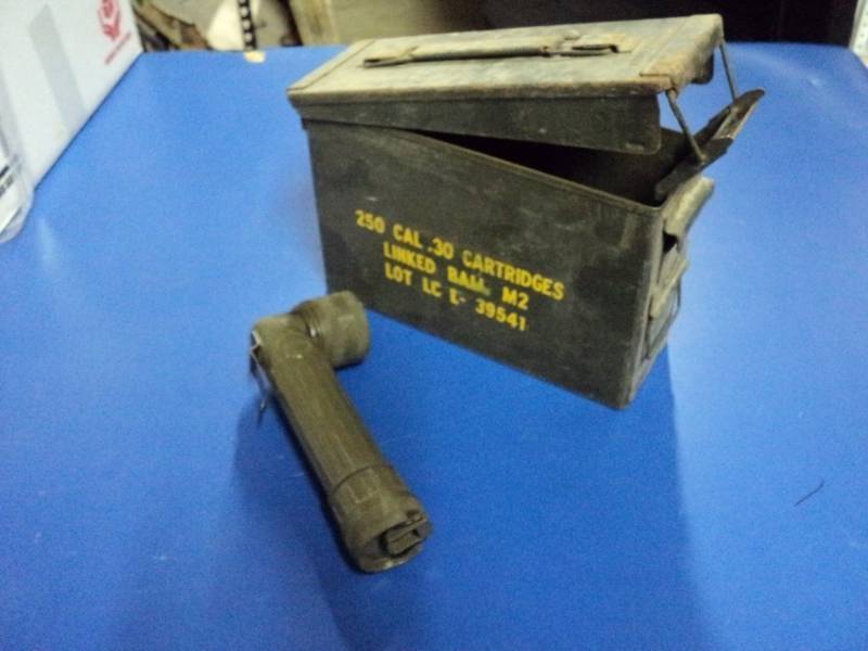 lot 3555 image: Mixed lot empty Ammo can and Olive Drag military style flash light, takes D size batteries, not included