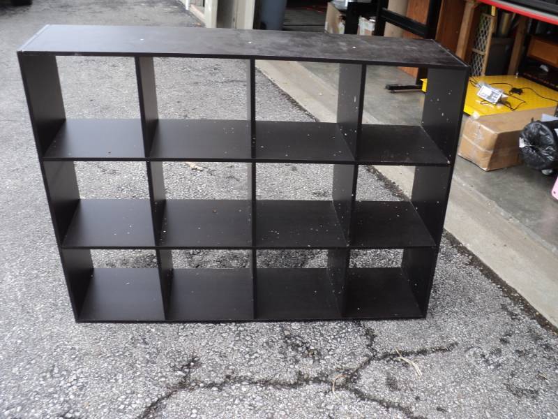lot 3711 image: Composite wood cubby shelf, incomplete- will need back panel 4 x 3, brown