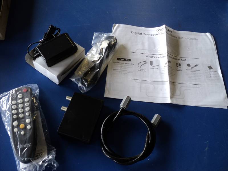 lot 3672 image: Replacement Digital Transport Adapter for Comcast Xfinity includesDigital Transport adapter, 3 coax cable, remote, remote control sensor receiver, power cord