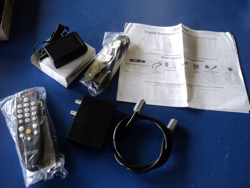 lot 3673 image: Replacement Digital Transport Adapter for Comcast Xfinity includesDigital Transport adapter, 3 coax cable, remote, remote control sensor receiver, power cord