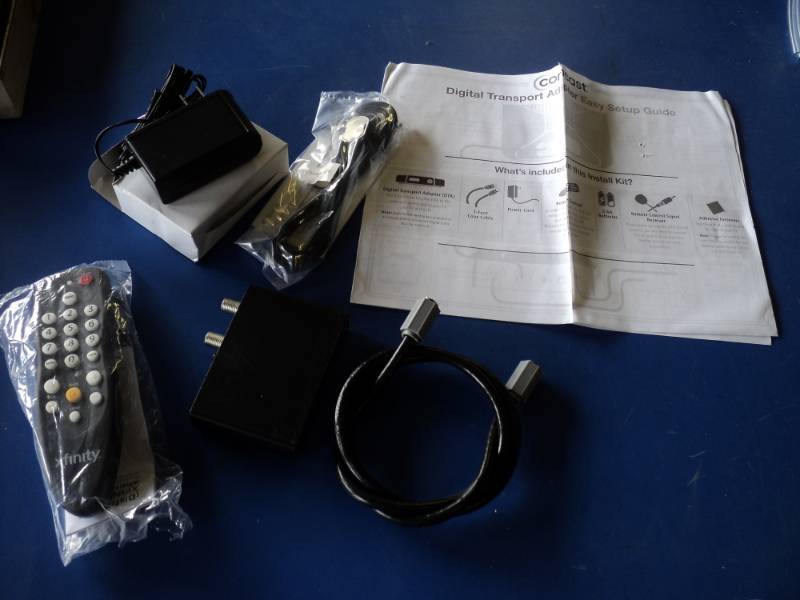lot 3676 image: Replacement Digital Transport Adapter for Comcast Xfinity includesDigital Transport adapter, 3 coax cable, remote, remote control sensor receiver, power cord