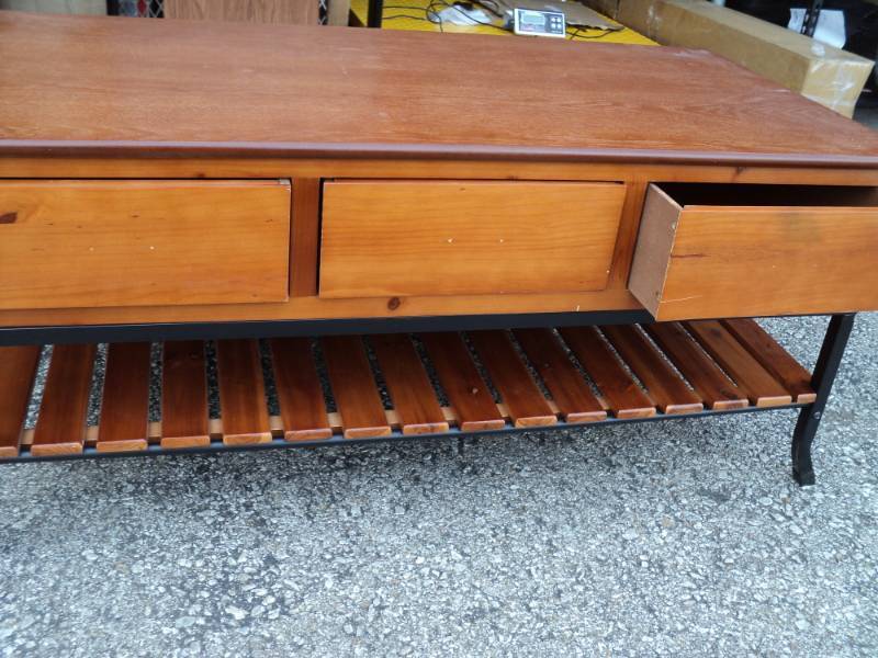 lot 3693 image: Wood and Metal Coffee Table w 3-drawers, assembled, 40 x 20 x 18-12, drawer handles and hardware included
