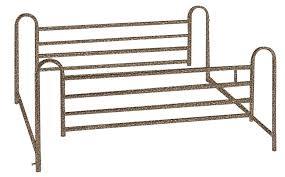 lot 3592 image: Drive Medical Supply Telescoping Full Length Side rail w spring loaded crossbar, Brown vein Finish, damage to one foot, pictured