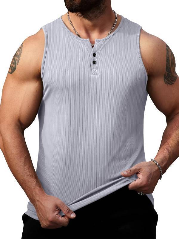 lot 56588 image: Runcati Mens Workout Tank Tops Summer Gym Muscle Ribbed Sleeveless Henley Shirt Casual Knitted Slim Fit Beach Tee Light Grey