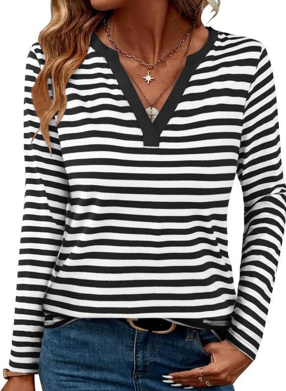 lot 56661 image: LilyCoco Womens Striped Tshirt Long Sleeve V Neck T Shirts Color Block Tops White Medium