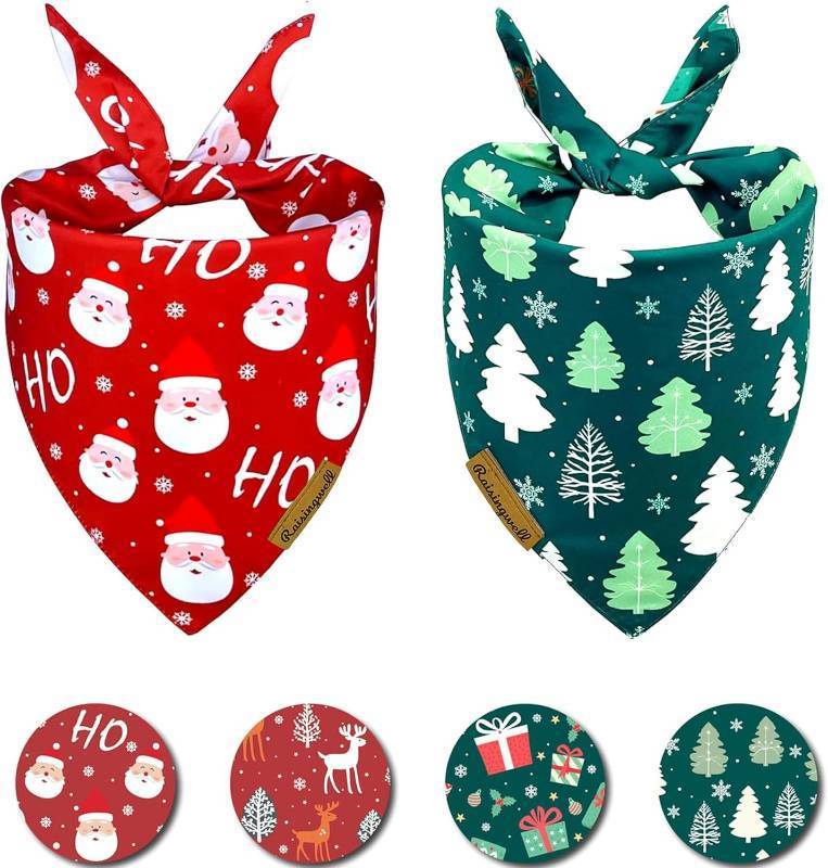 lot 56681 image: Christmas Dog Bandanas 2 Pack, 4 Pattern Reversible Holiday Bandana for Boy and Girl, Dog Scarf for Medium and X- Large Breed Dogs  Chritmas Gift  Reindeer  Santa Claus  Tree 