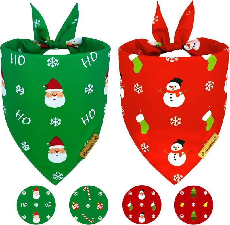 lot 56682 image: Christmas Dog Bandanas 2 Pack, 4 Pattern Reversible Adjustable Winter Holiday Bandana for Boy and Girl, Scarf for X-Large Breed Dogs  Christmas Snowman  Santa Claus 