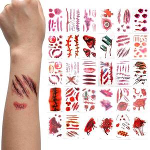 lot 56847 image: 10 Sheets Halloween Zombie Scar Temporary Tattoos 10pcs Fake Bloody Wound Stitch Scar Scab Waterproof Sticker Halloween Masquerade Prank Makeup Props makeup accessories for men and women