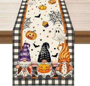 lot 56857 image: XCHI Spooky Boo Plaid Gnome Halloween Table Runner Party Table Decoration for Home Kitchen Dining Holiday Decor 13x48 Inch