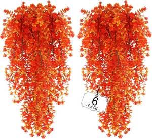 lot 56869 image: SEE PHOTOS FOR COLOR. Artificial Fall Hanging Flowers Outdoor, UV Resistant No Fade Fake Plastic Plants for Garden Porch Window Box, Thankgiving Day Decor (Orange Red, 6 Bundles)
