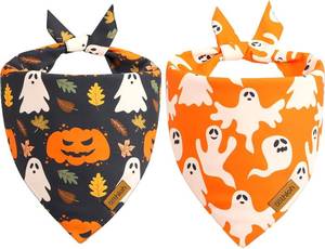 lot 56874 image: Halloween Dog Bandanas - 2 Pack Fall Dog Bibs  Reversible Pumpkin and Ghost Pet Scarf for Boys and Girls  Premium Durable Fabric  Orange Dog Bandana for Medium and Large Dogs (Large)