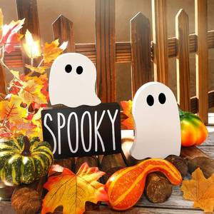 lot 56918 image: Blulu 3 Pieces Halloween Cute Ghost Decor Halloween Tiered Tray Decoration Wooden Ghost Theme Table Centerpieces Indoor Rustic Wood Sign Spooky Table Sign for Fall Party Home Kitchen Shelf