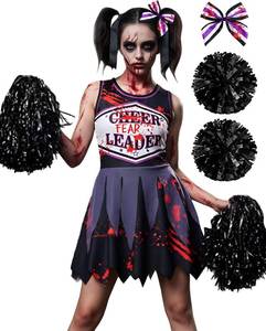lot 56977 image: JenPen Scary Halloween Cheerleader Outfit for Bloody Cheerleader Costume Bow Purple Black Dress up Cosplay Party(3-5 Years)
