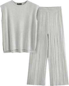 lot 56978 image: PRETTYGARDEN Womens 2 Piece Outfits Knit Loungewear High Low Pullover Tops and Wide Leg Pants Casual Sweater Sets Tracksuits