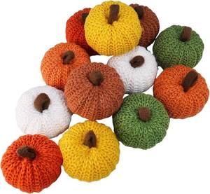 lot 64495 image: Winlyn Set of 12 Faux Fall Harvest Crochet Pumpkins Small Knit Pumpkins in Orange Yellow Green Brown Cream Rustic Farmhouse Pumpkins Foam Pumpkins for Thanksgiving Halloween Autumn Mantel Table D cor