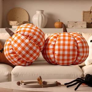 lot 64540 image: Lanpn Fall Pumpkin Pillow Set of 2, Halloween Decoration Plaid Throw Pillow Soft Cute 3D Shaped Cushion for Sofa Couch Bedroom Autumn Thanksgiving Halloween Decor (Orange, 13.4x11in)