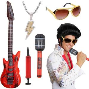 lot 64550 image: 50s Rock Wigs for Men with Glasses, Necklaces & Props, 1950s Disco Wig Black One Size 6pcs for Halloween Party