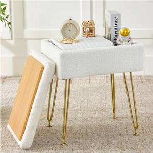 BRIAN & DANY Vanity Stool, Sherpa Vanity Stool Chair with Storage, Rectangle Makeup Chair Soft Padded Seat with Legs for Bedroom (White) - Retail: $129