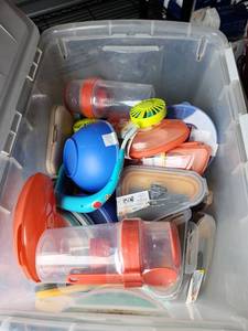 lot 128 image: Tote Full of Food Storage Containers of All Different Types - Tote Not Included