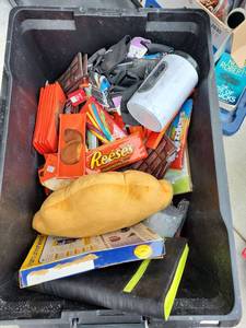 lot 135 image: LARGE TOTE FULL OF MISC - PENCIL BAGS, STORAGE CONTAINERS , AND MORE - TOTE NOT INCLUDED