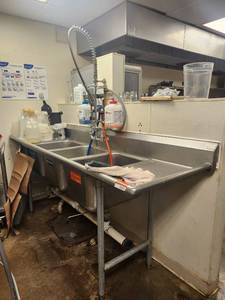 lot 15515 image: Commercial 3-Compartment Stainless Steel Sink with Pre-Rinse Faucet