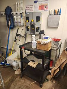 lot 15516 image: Assorted Lot W Kitchen Utility Cart and Contents, Cleaning Station, Wall-Mounted Knife Rack, and More