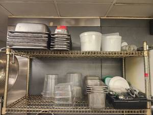 lot 15524 image: Commercial Kitchen Supplies Including Steam Table Pans, Food Storage Containers, and Utensils