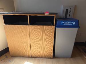 lot 15616 image: Commercial Trash Cabinet W (2) Trash Bins and (1) Recycling Bin