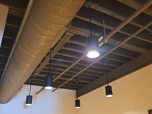 lot 15626 image: Modern Black Cylinder Pendant Lights - Set of 5