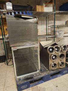 lot 15642 image: Commercial Glass Display Case with Industrial Cup Dispenser