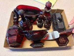 lot 1041 image: Ruby Red 10pcs to include Butter Dish, Salt & Pepper, Vinegar Bottle, Gravy Boat & More-- K