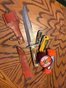 lot 1056 image: Bowie Knife, Dewalt Knife, Knife & Fishing String Cord-- DR