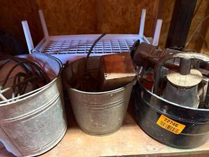 lot 1142 image: Three (3) Metal Buckets, Shelves & Lanterns-- Shop