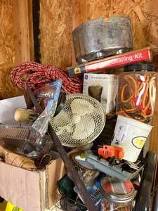 lot 1164 image: Contents of Top Shelf (rope, tape, fan, straps)-- WW