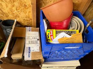 lot 1221 image: Tote & Box of Contents w Fire Hose-- ShopEW