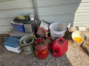 lot 1261 image: Pile w Miscellaneous w Gas Cans, Coolers, Fishing Basket & Poles-- CP