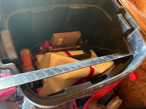 lot 1272 image: Piece of Carpet & Tote of Tools w Square & Large Plastic C Clamps-- S
