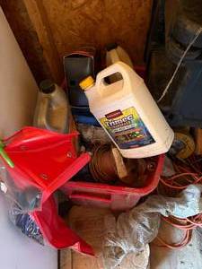 lot 1274 image: Tote of Miscellaneous Wire, Weed Killer & Anti-Freeze-- S